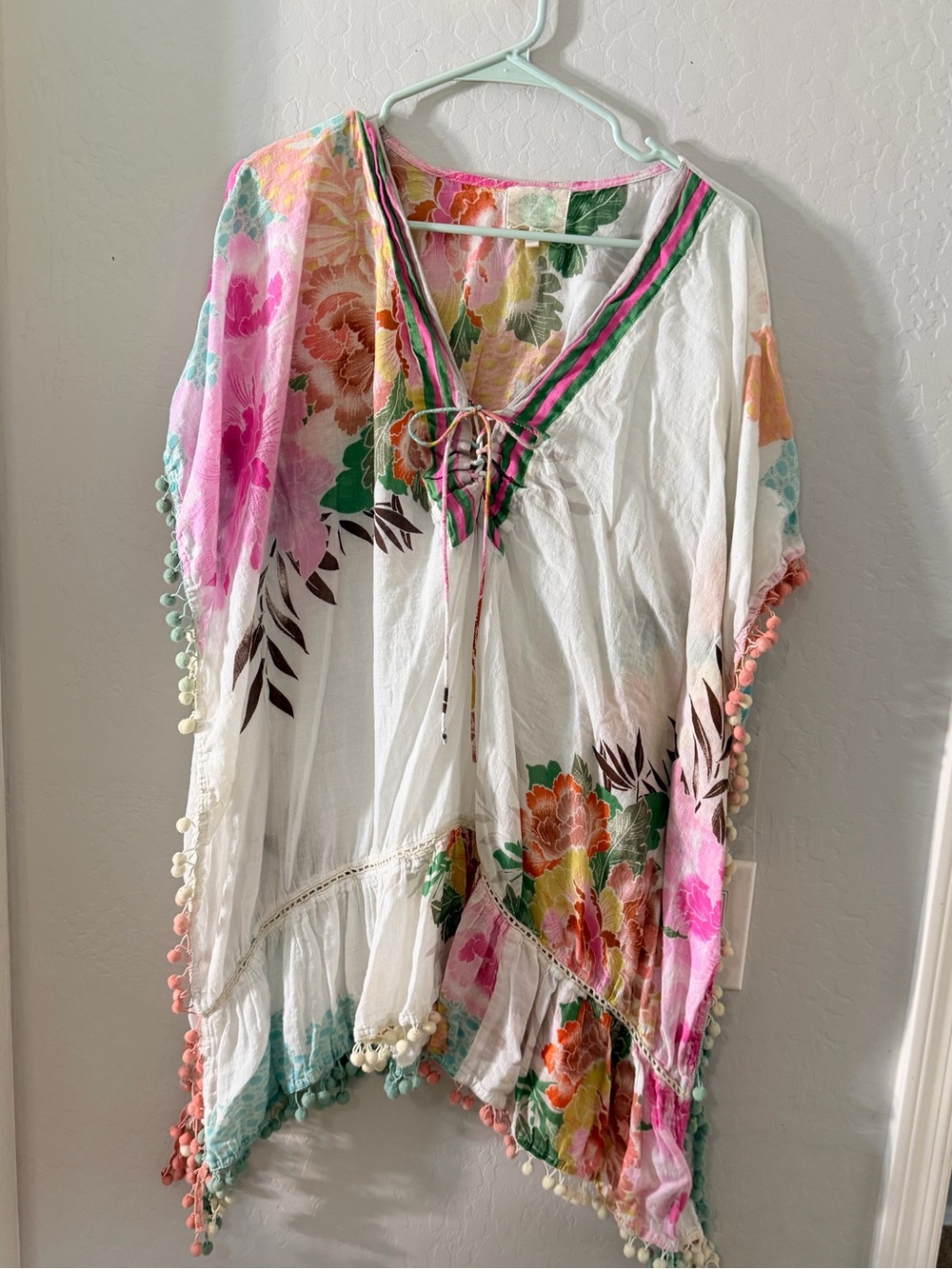White Floral Lace-Up Boho Tunic with Pink & Green Accents